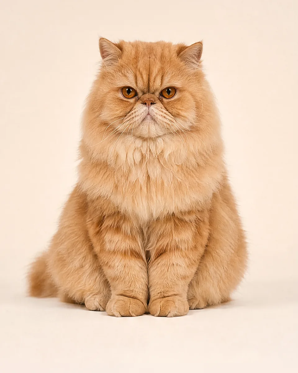 Frady, a fluffy ginger Persian cat, sitting and looking unimpressed